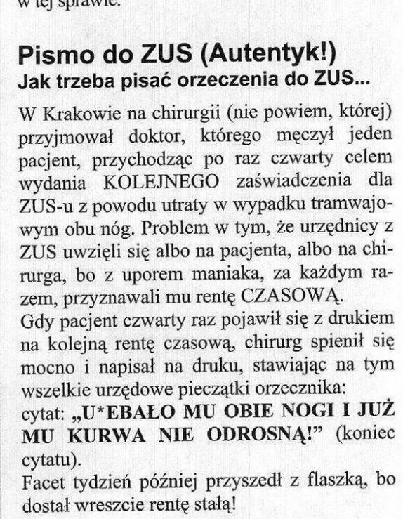 Autentyczne pismo do ZUS
