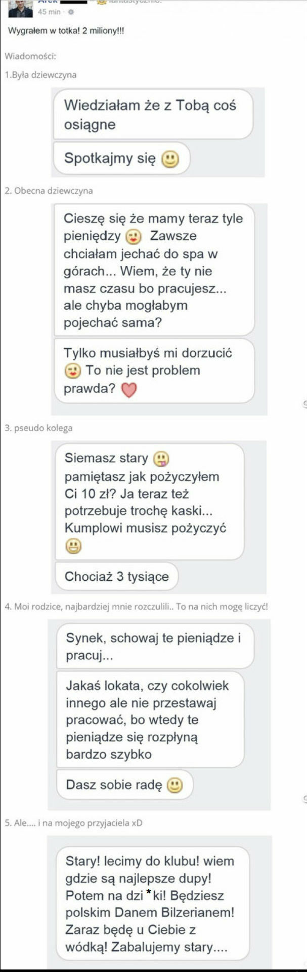 Jak reagują ludzie, gdy wygrywasz w totka