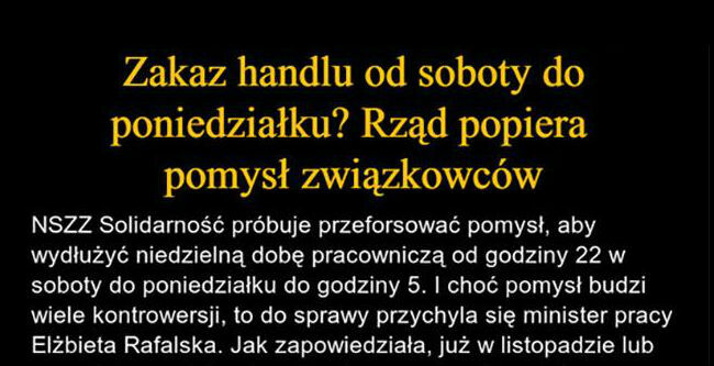 Zakaz handlu od soboty do poniedziałku? 