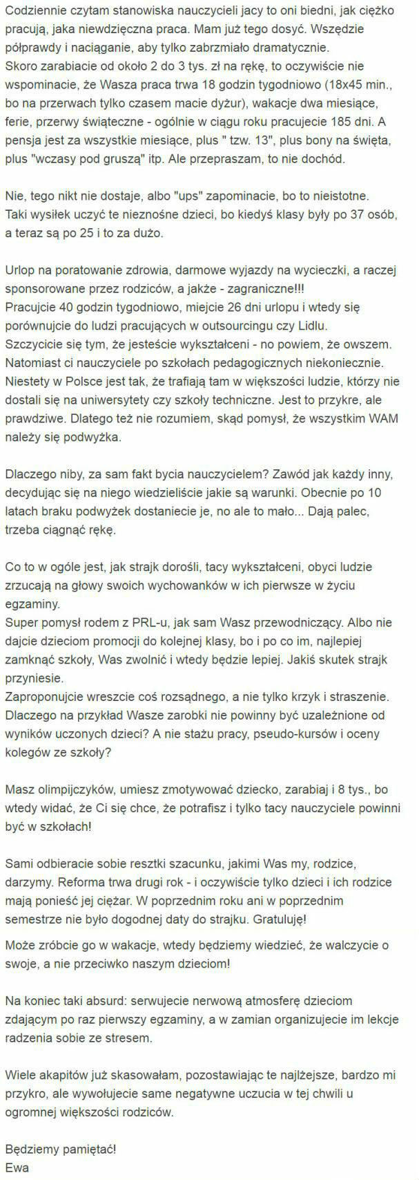Pewna matka napisała o strajku nauczycieli... 