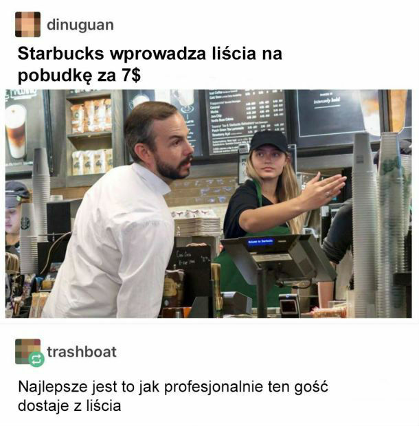 - Kawkę z liściem? - Poproszę. 