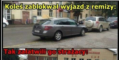 Koleś zablokował wyjazd. Strażacy błyskawicznie go załatwili :D
