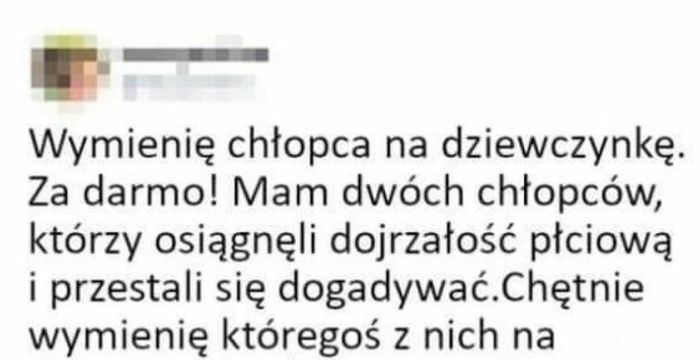 Wymienię chłopca na dziewczynkę