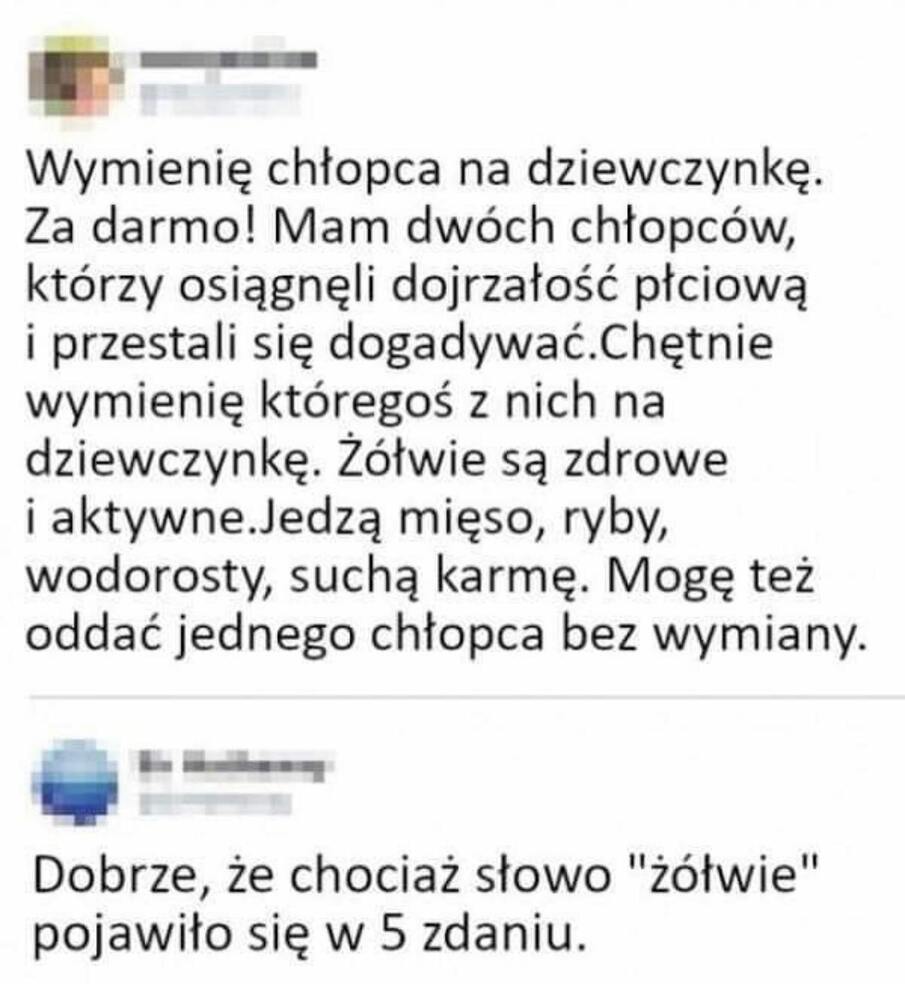 Wymienię chłopca na dziewczynkę