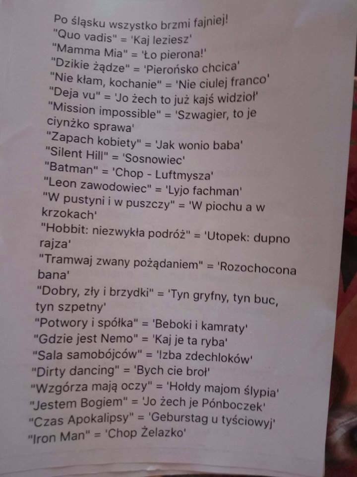 Tytuły filmów po śląsku...