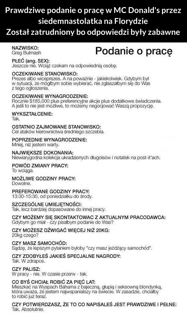 Zabawne podanie o pracę